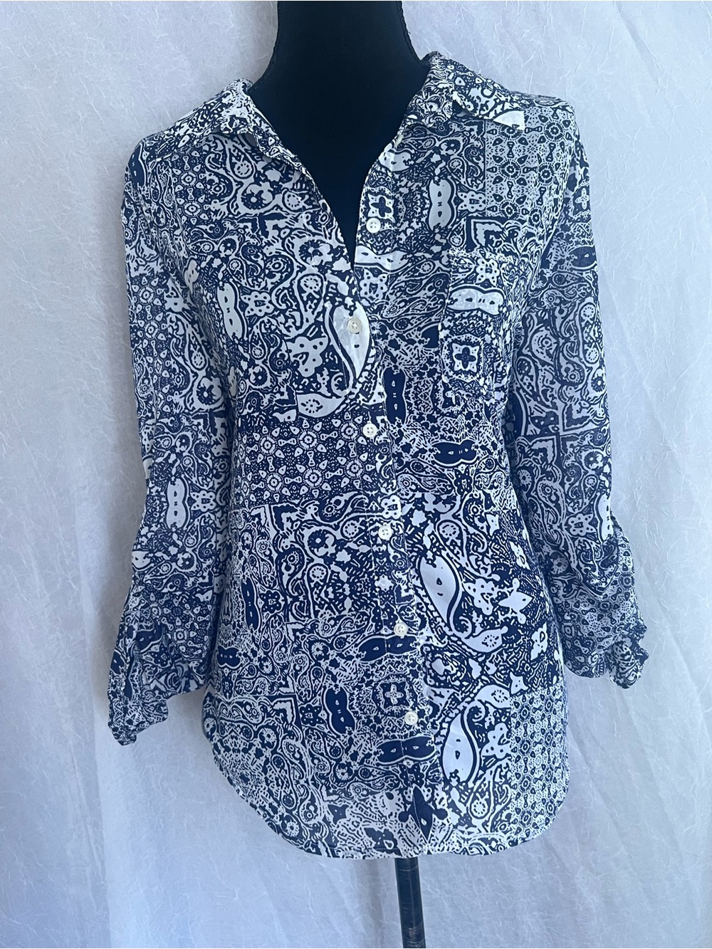 Joe Fresh Navy and White Printed Button-Down top